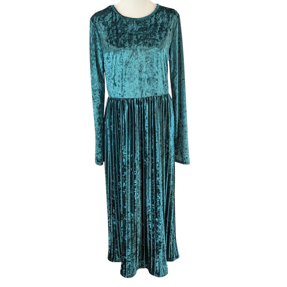 Aly Daly Crushed‎ Velvet Midi Dress Size Medium Teal Shimmer Pleated Long Sleeve